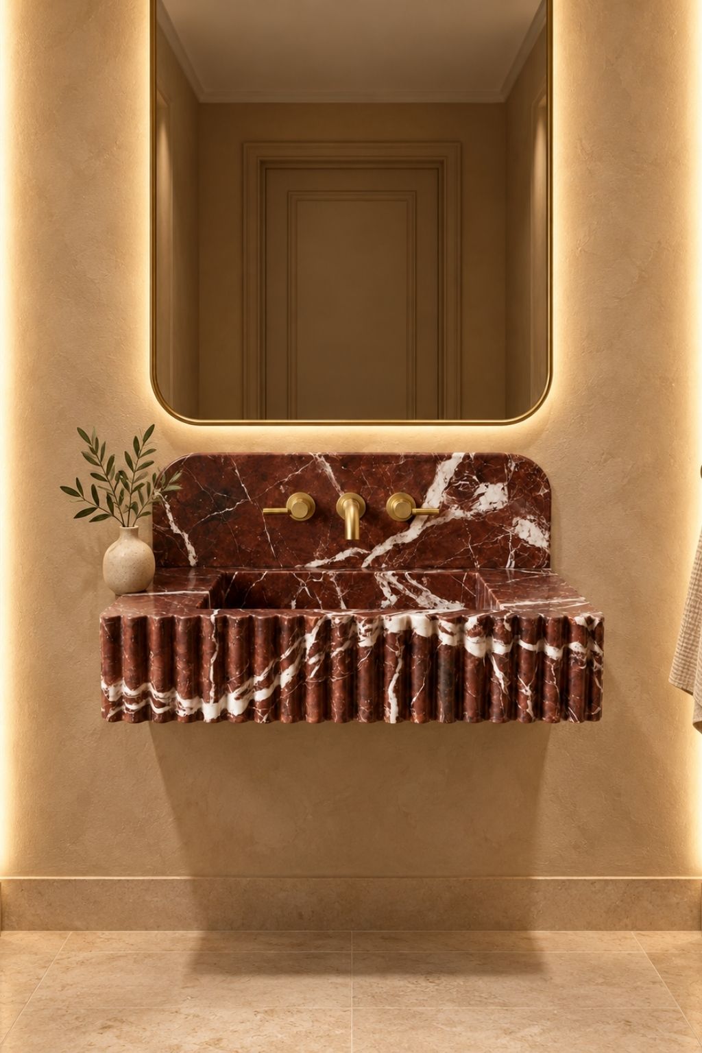 Nova109 Rosso Levanto marble fluted sink with integrated basin and matching burgundy marble backsplash
