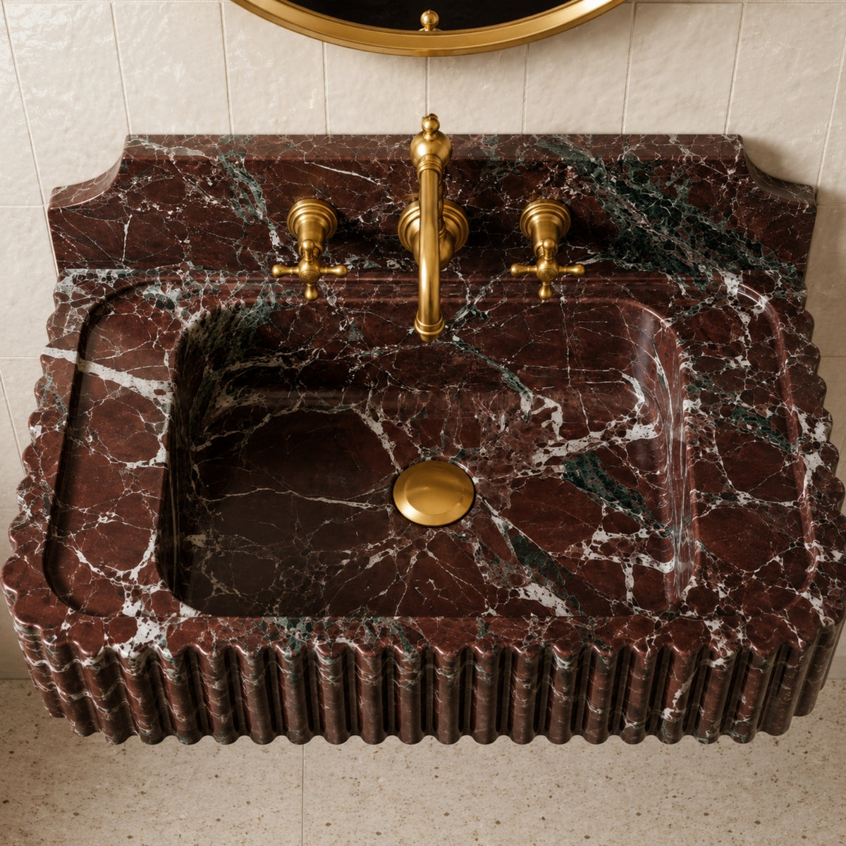 Rosso Levanto Marble Wall Mounted Sink – Fluted Floating Vanity with Backsplash