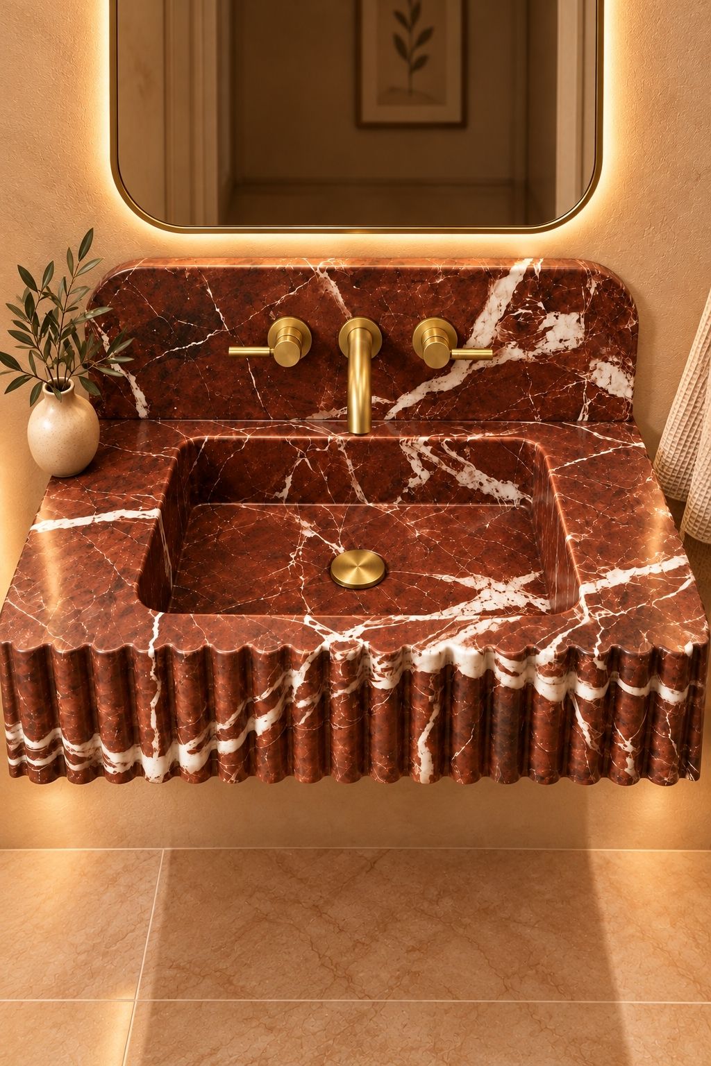Custom floating marble bathroom vanity in deep red Rosso Levanto stone with elegant sculpted fluted design