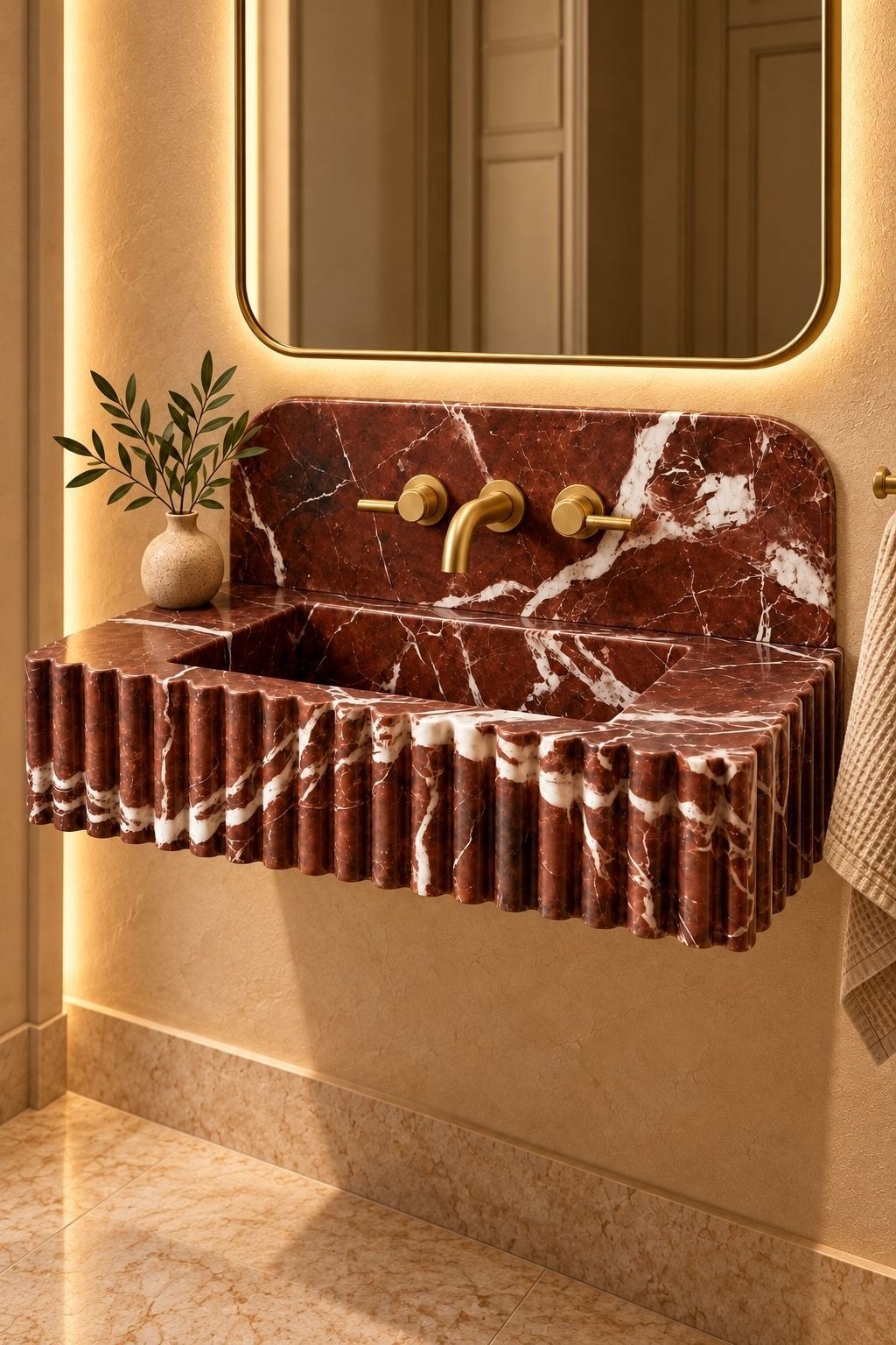 Handcrafted Rosso Levanto marble bathroom sink featuring rounded backsplash and brushed gold faucet